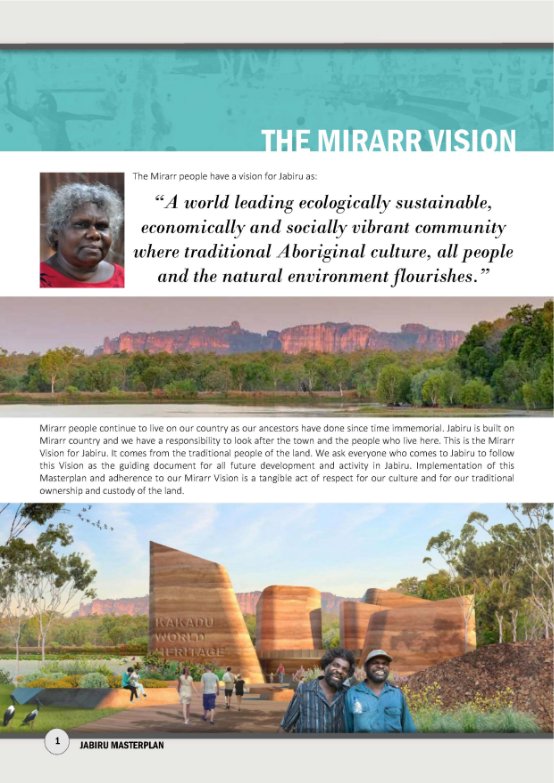 Outline of the Mirrar Vision for Jabiru on page 1 of the Jabiru Masterplan