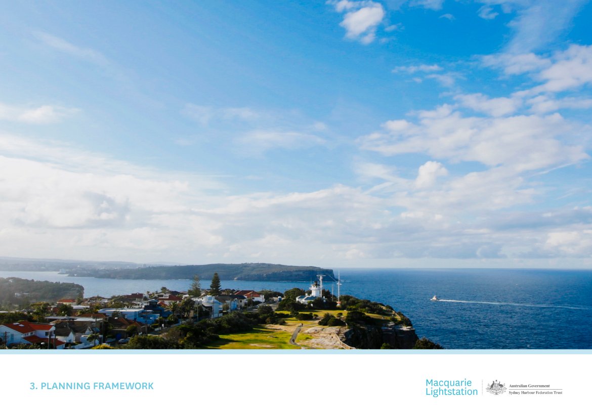 Coverpage - Chapter 3 - Planning Framework
Aerial photograph looking north at Macquarie Lightstation with North Head beyond (source: Sydney Harbour Federation Trust)