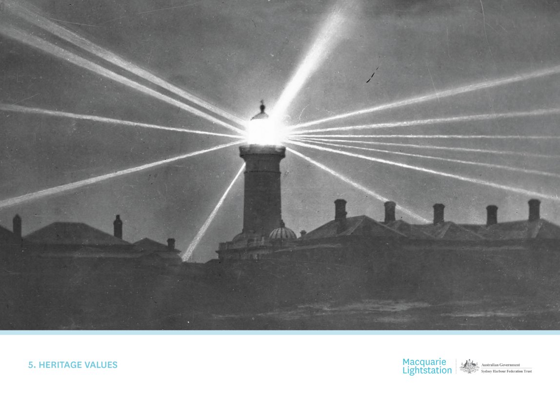 Coverpage - Chapter 5 - Heritage Values
Historical photograph of Macquarie Lightstation (source: Hurley, Frank. Macquarie Lighthouse [Aerial views, Sydney, New South Wales], 1910)