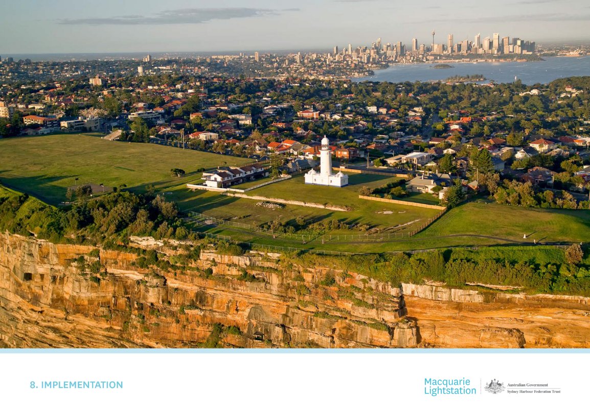 Coverpage - Chapter 8 - Implementation
Aerial photograph looking south west at Macquarie Lightstation with CBD beyond (source: Sydney Harbour Federation Trust)