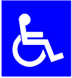 A blue square with the International Symbol of Access, being an outline of a person seated in a wheelchair, overlaid in white