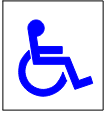 A white square with the International Symbol of Access, being an outline of a person seated in a wheelchair, overlaid in blue