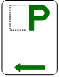 A white rectangular sign with portrait orientation. In the upper left corner is an empty portrait rectangle with a dashed line border. In the upper right corner is a capital P in green. At the bottom of the sign is a green arrow pointing towards the left