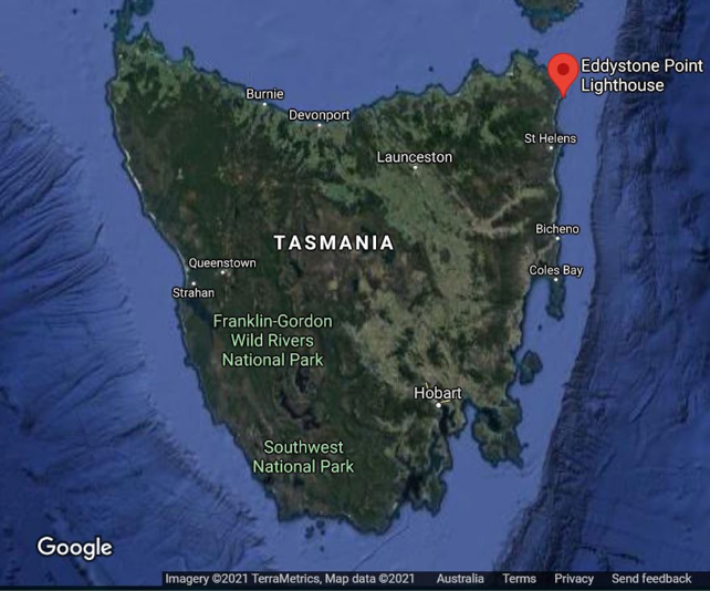 Map showing the state of Tasmania, showing location of Eddystone Point Lighthouse on North-East Coast. Google Maps