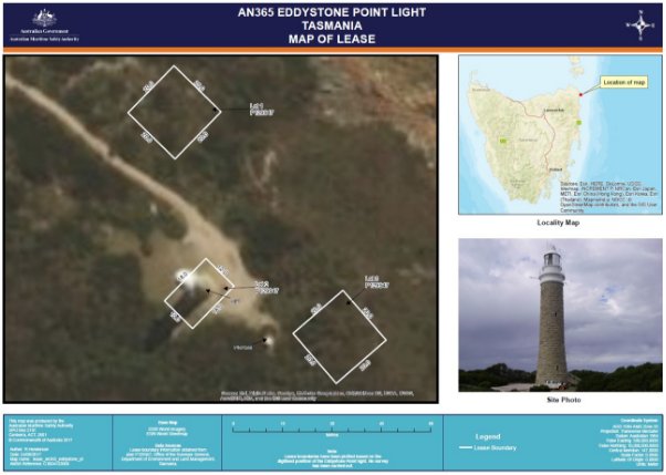 Map showing AMSA's three leased areas at Eddystone Point Lighthouse. Lot 1 and 3 contain vegetation, and Lot 2 contains the lighthouse tower.