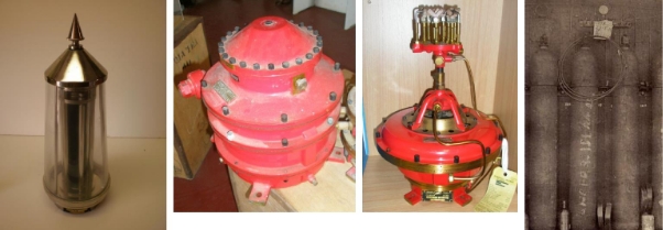 Line of photographs showing small, cylindrical, metallic sunvalve; red, round, metal mixer; red, round flasher with gold pipes connected; and black and white , tall cylinders. 