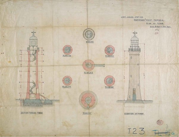 Blueprint map showing design of Eddystone Point Lighthouse. The tower, and all its levels, are marked out in detail. National Archives of Australia, A9568, 5/2/2  