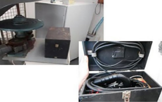 Photographs showing black box sitting on white table. Inside black box is a collection of cords and equipment.