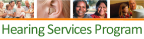 Four individual pictures displaying people and hearing devices as well as the name Hearing Services Program