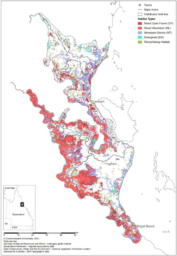 Current distribution of Mahogany Glider habitat