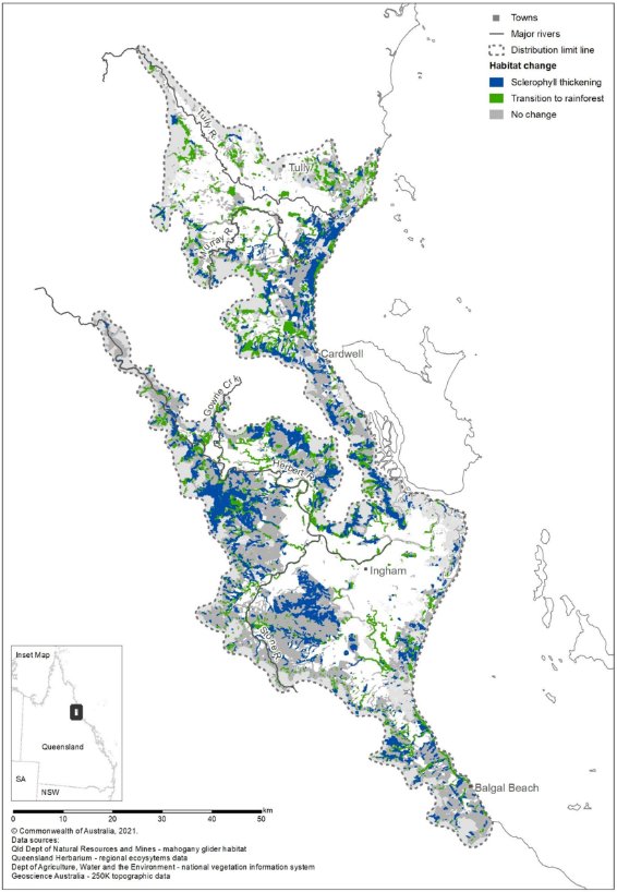 Current distribution of the Mahogany Glider showing remaining habitat under threat from sclerophyll thickening and transition to rainforest.