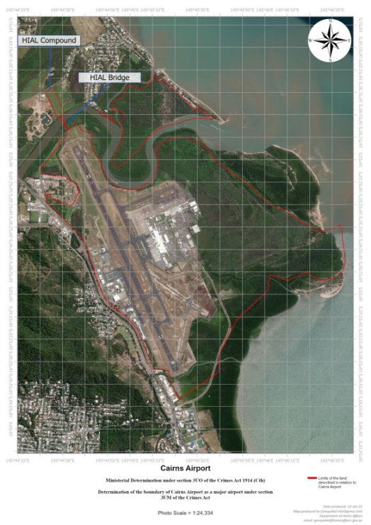 Aerial photographic map dated 13 January 2021 identifying Cairns Airport and land in the vicinity of the airport using grid coordinates. The map shows areas of land described by the instrument within red lines and by the indications "HIAL compound" and "HIAL bridge".