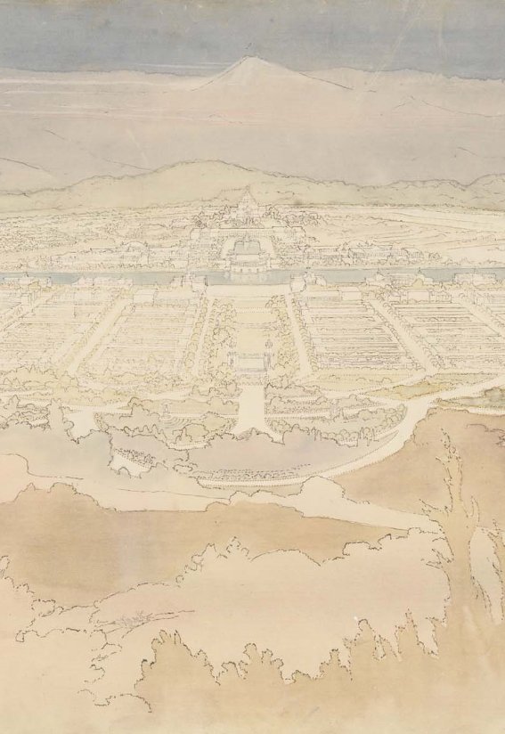 An oblique view of a city painted in pale watercolour.  There are trees in the foreground, a lake and two larger buildings in the distance.
