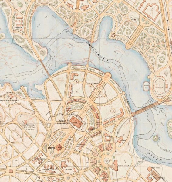 A map showing a lake with ornamental gardens on one side and Houses of Parliament and a Capitol on the other.  