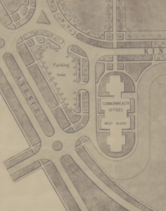 A plan of roads and pathways with circles indicating a plan for planting trees.  Shows a building marked 'Commonwealth Offices West Block' with a triangular parking area to the left.