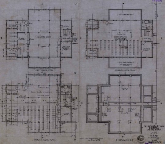 Four cross-shaped plans marked ground floor, first floor, second floor and foundations.  The floors are marked 'Reading Room' and 'Book Stacks'.