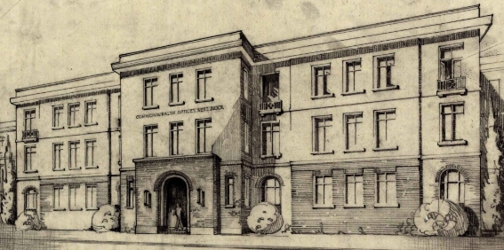 Sketch of a three storey building with projecting central wing and an arched entrance.