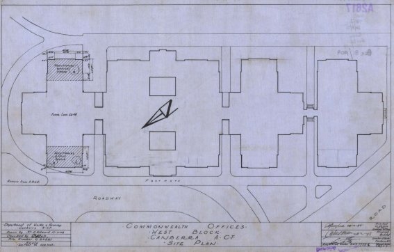 Plan of a building with four wings arranged left to right.  The cruciform wing to the left is shaded to indicate extensions.