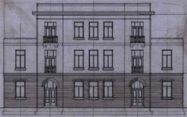 Drawing of three storey building with two storey wings either side.  Window arrangement is symmetrical.  