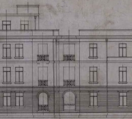 Drawing detail of link section with arched ground floor openings and balcony railings on rectangular openings to upper levels.