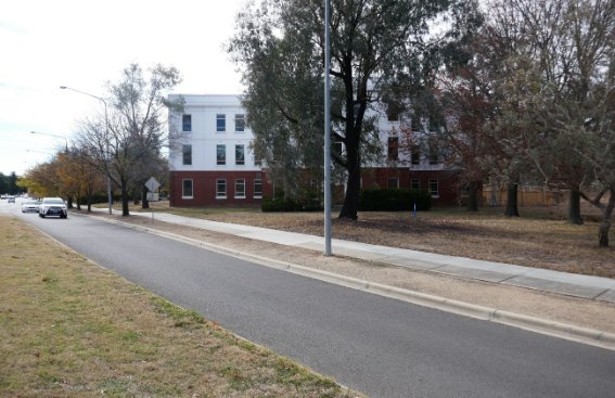 A building across a roadway.