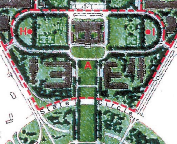 A triangular city area with two semi-circular areas marked H and I.