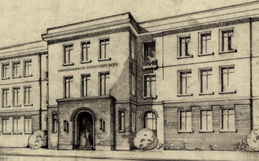 Drawing of a central entrance with lettering above.