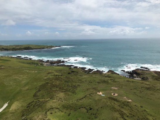 Photograph of grassy landscape beside a rocky coastline - taken from top of lighthouse.

