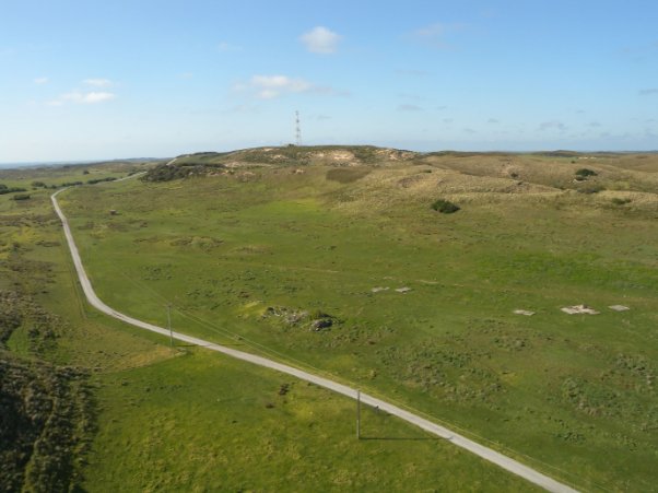 A photograph of landscape beside Cape Wickham Lighthouse. Green, open fields, blue sky with small clouds, a lattice tower on the horizon and a road winding through the fields.