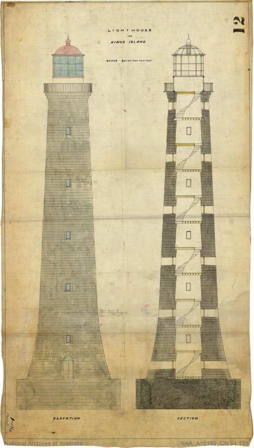 A blueprint drawing of two lighthouse towers. One tower drawing illustrates the external design of a tall, stone lighthouse with six windows, a door at the base, a glazed lantern house and red dome at the top. The second tower drawing shows the design of the same tall lighthouse with the addition of internal details of the tower including 11 floors and 6 spiral staircases. 