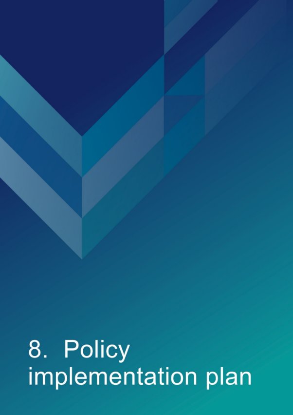 Decorative background with words: 8. Policy implementation plan