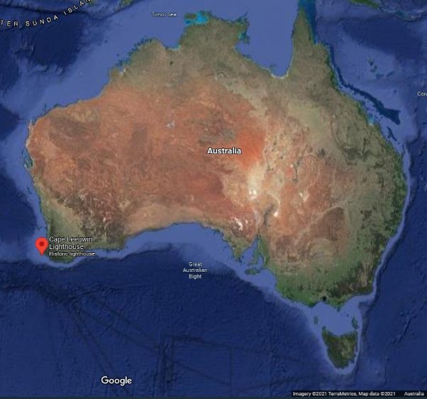 Satellite Map showing the Australian continent. Red location marker identifies Cape Leeuwin Lighthouse on south-west corner of the continent.
