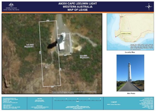 Lease map of Cape Leeuwin Lighthouse. Map outlines the lease areas under AMSA management.