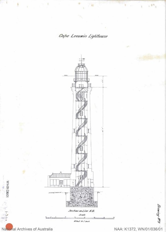 Blueprint drawing of a tall lighthouse tower with seven levels and a small annex building attached as the base of the left-hand side. Text above reads "Cape Leeuwin Lighthouse". Scale included at bottom.