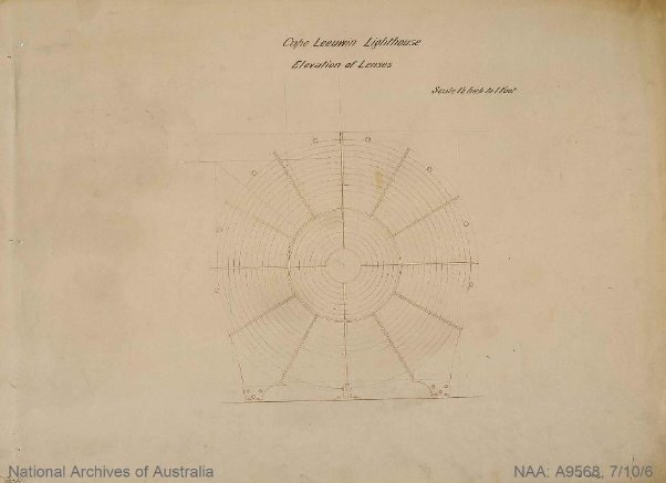 Blueprint drawing of a circular lens with concentric prisms. Text above reads "Cape Leeuwin Lighthouse, Elevation of lenses"