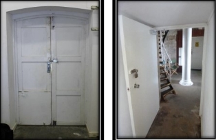 Left photograph showing pair of door leaves fitted within timber frames.
Right photograph showing large door standing ajar, room through doorway has a large, white tube fitted in centre, and a spiral staircase leading from floor to above level.