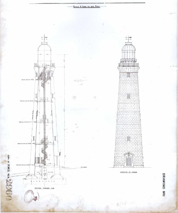 Blueprint drawing of lighthouse tower (internal and external sketches) with lantern house.