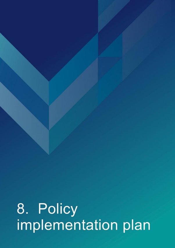 Decorative background with text which reads "8. Policy implementation plan"