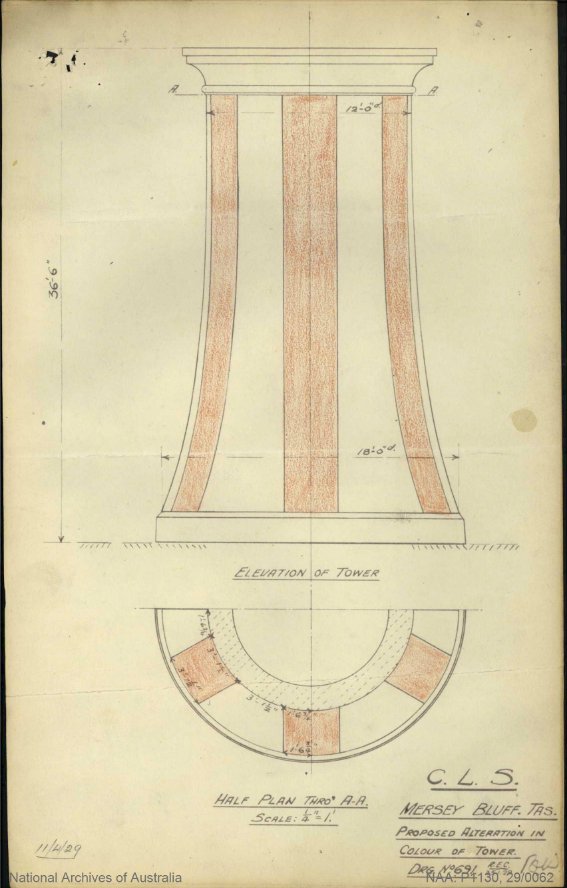 Drawing design showing blueprint of lighthouse tower with red vertical stripes. Measurements are written alongside various parts.