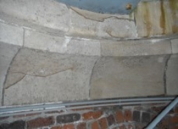 Photograph showing sandstone cornice and underside of lighthouse balcony. 