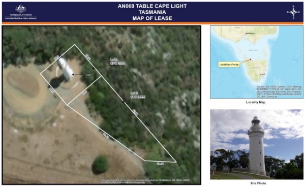 Lease map of Table Cape Lighthouse. Map outlines the lease areas under AMSA management.