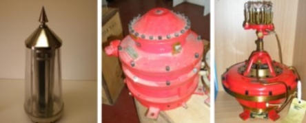 Photograph split into three. First photo shows a lighthouse sunvalve. Second photo shows a red lighthouse mixer. Third photo shows a red lighthouse flasher. 