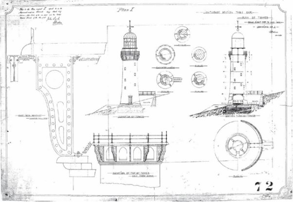 Blueprint showing design drawings and measurements for Table Cape Lighthouse. Drawings show tower and its different landings from different angles and perspectives.