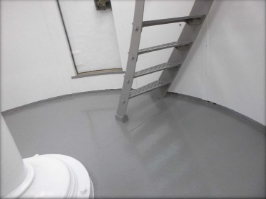 Photograph showing curved, grey slate floor. Small grey ladder fixed to edge of floor ascends to level above. 