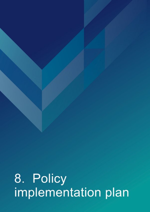 Decorative title page with text that reads "8. Policy implementation plan"