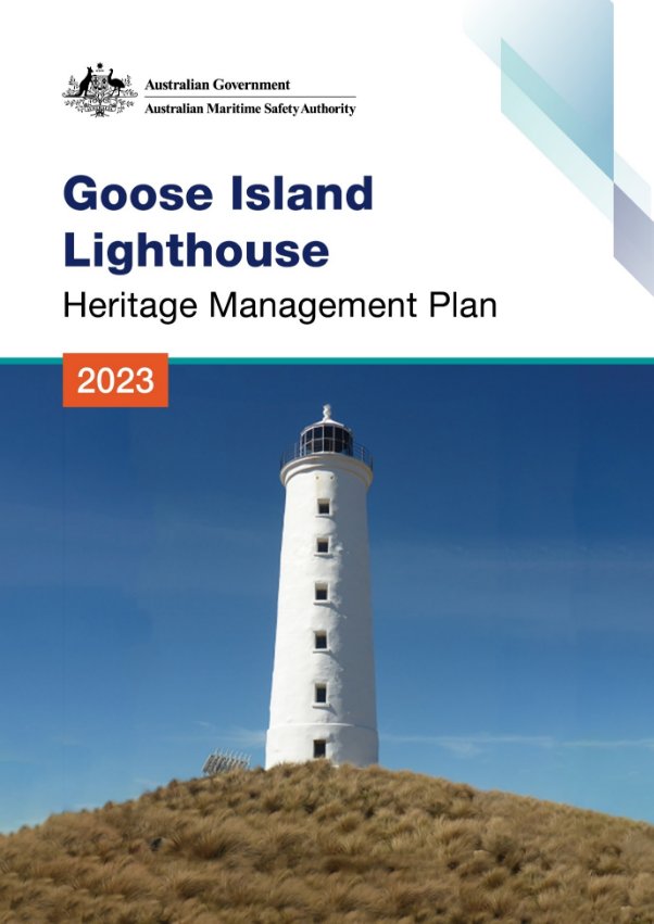 Cover page reads Goose Island Lighthouse Heritage Management Plan 2023 with Commonwealth Government crest. Includes photo of white lighthouse tower against blue sky.