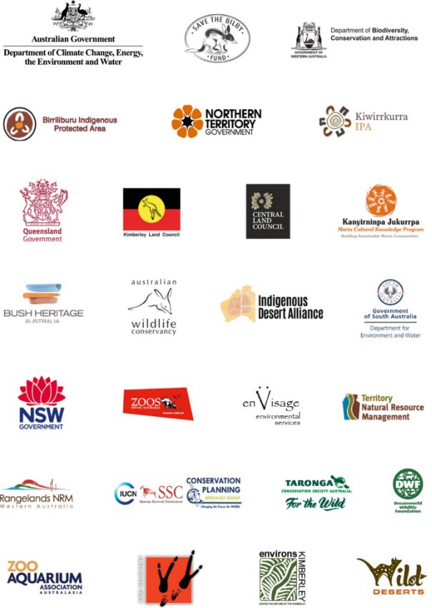 Logos of 
1. Australian Government Department of Climate Change, Energy, the Environment and Water
2. Save the Bilby Fund
3. Western Australia Department of Biodiversity, Conservation and Attractions
4. Birriliburu Indigenous Protected Area
5. Northern Territory Government
6. Kiwirrkurra IPA
7. Queensland Government
8. Kimberley Land Council
9. Central Land Council
10. Kanyirninpa Jukurrpa Martu Cultural Knowledge Program
11. Bush Heritage Australia
12. Australian Wildlife Conservancy
13. Indigenous Desert Alliance
14. Government of South Australia Department for Environment and Water
15. NSW Government
16. Zoos South Australia
17. enVisage Environmental Services
18. Territory Natural Resource Management
19. Rangelands NRM Western Australia
20. IUCN SSC Conservation Planning Specialist Group
21. Taronga Conservation Society Australia
22. Dreamworld Wildlife Foundation
23. Zoo Aquarium Association Australia
24. Arid Recovery
25. Environs Kimberley
26. Wild Deserts