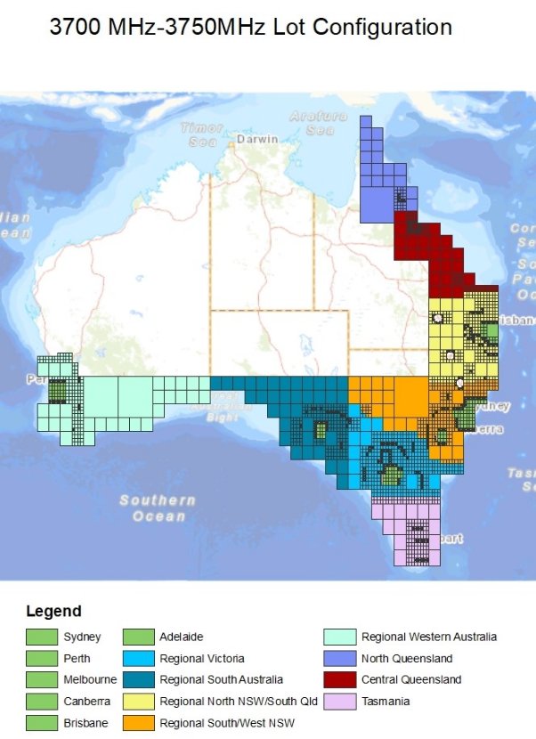 Map of Australia showing the regions of products in the 3700 MHz to 3750 MHz frequency band
