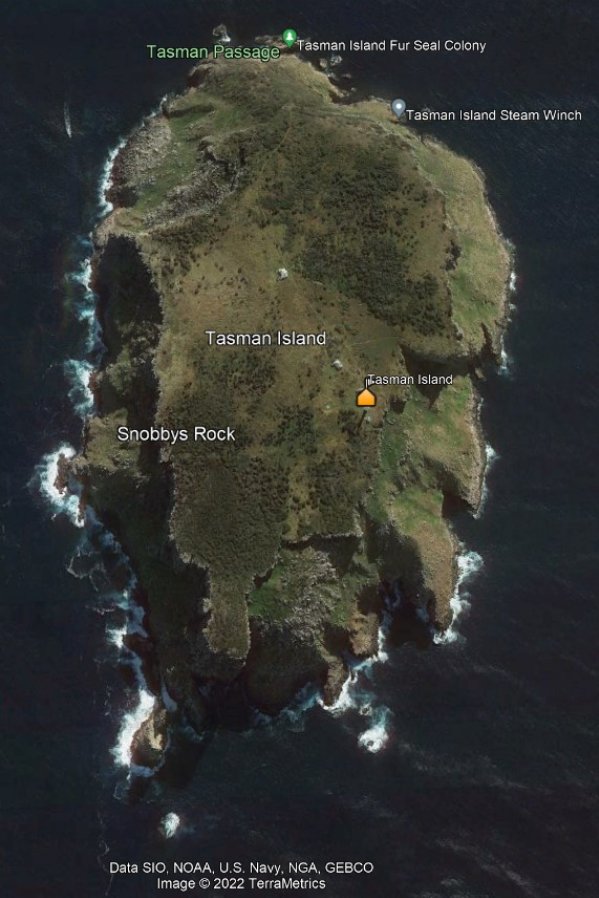 Satellite map of Tasman Island. Yellow marker shows location of Tasman Island Lighthouse on eastern coast of island. 