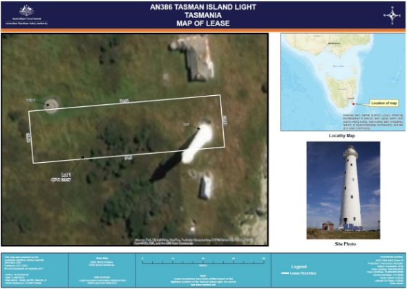 A map of AMSA's lease area encompassing the Tasman Island Lighthouse tower. 